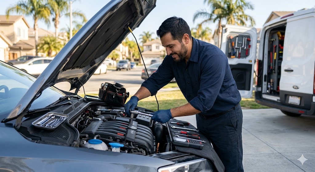 J's mobile mechanic working on a car in Anaheim